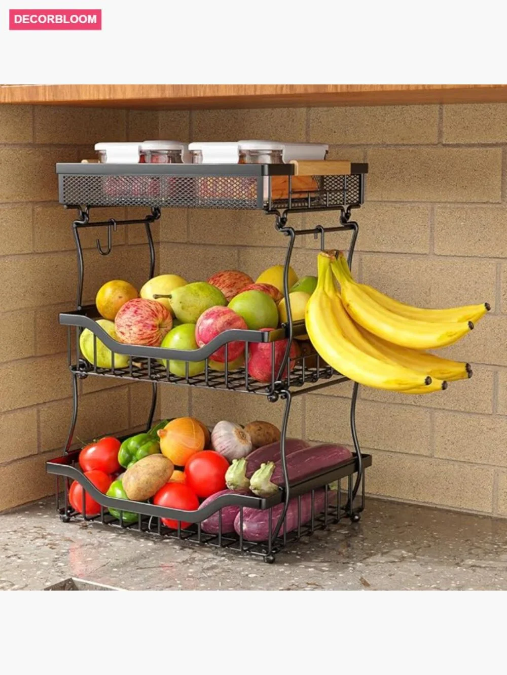 3 Tier Countertop Fruit Mesh Basket with Banana Hooks